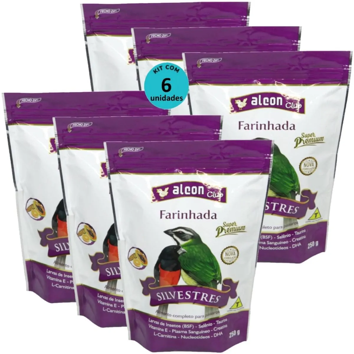 ALCON CLUB FARINHADA SILVESTRES 250G SUPER PREMIUM KIT COM 6 PARA AZULÃO, BICUDO, COLEIRO, CABOCLINH