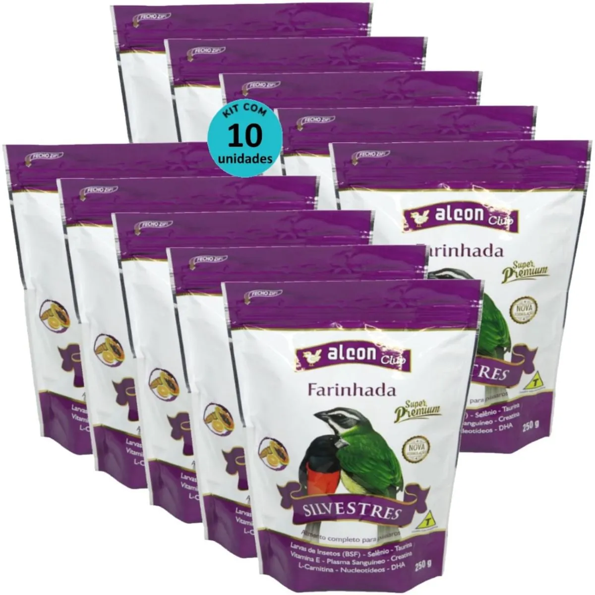 ALCON CLUB FARINHADA SILVESTRES 250G SUPER PREMIUM KIT COM 10 PARA AZULÃO, BICUDO, COLEIRO, CABOCLIN