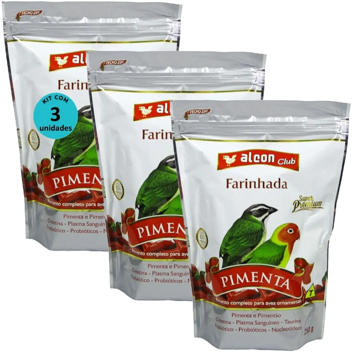 ALCON CLUB FARINHADA PIMENTA 250G SUPER PREMIUM KIT COM 3 RAÇÃO PARA AVES