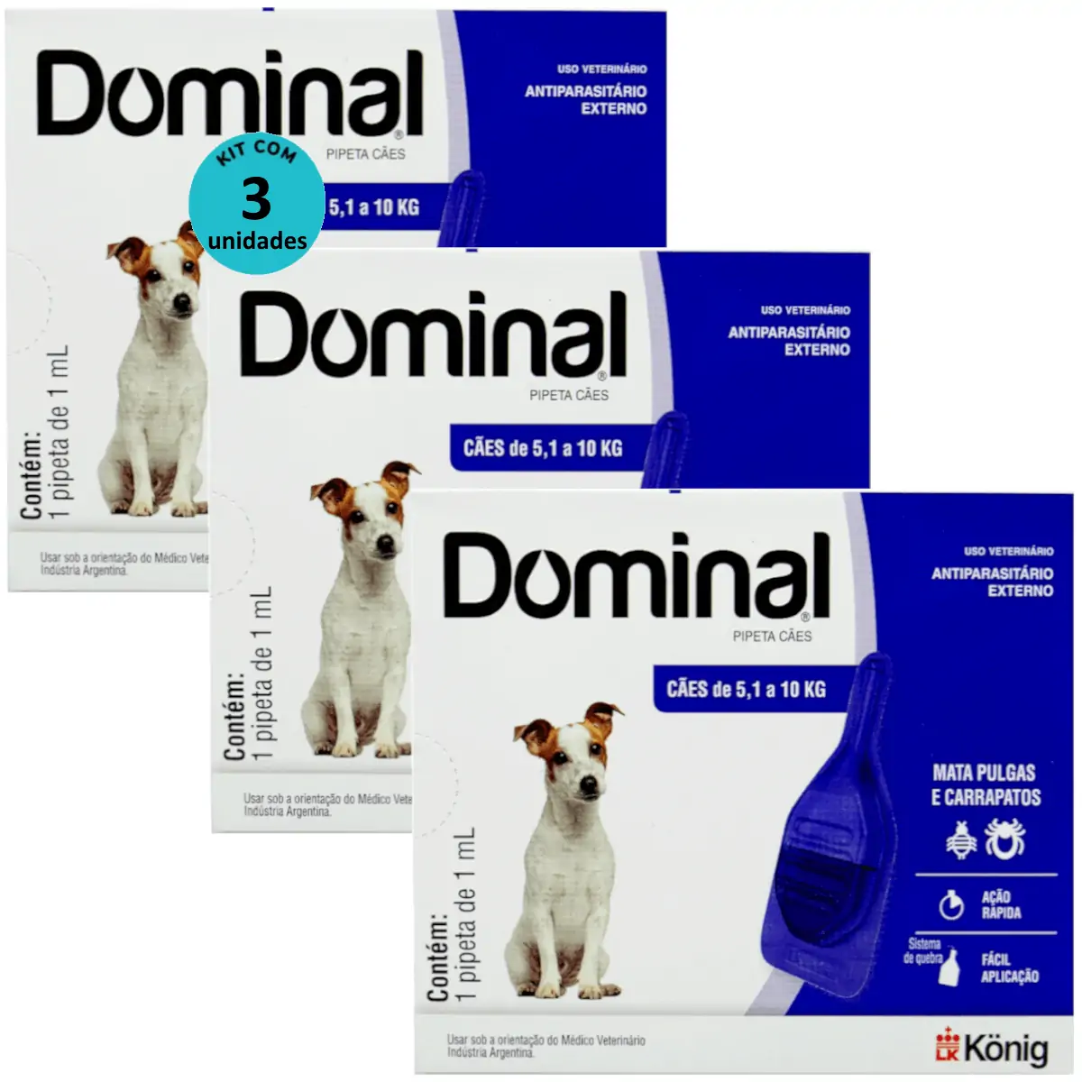 DOMINAL PIPETA PARA CÃES 5,1 A 10KG 1ML AZUL KIT COM 3