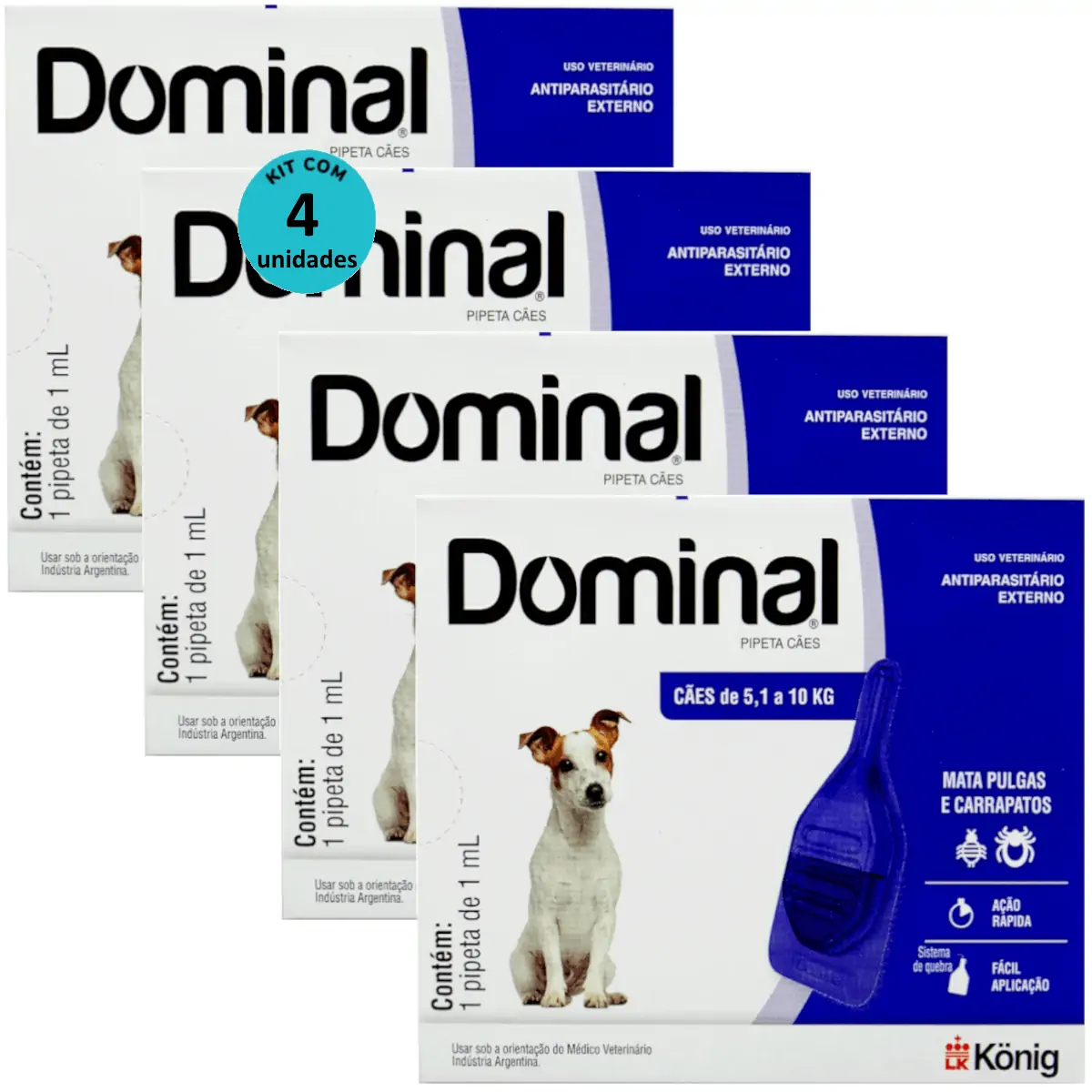 DOMINAL PIPETA PARA CÃES 5,1 A 10KG 1ML AZUL KIT COM 4