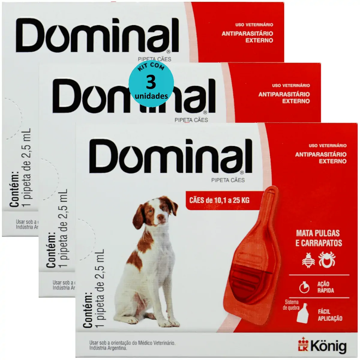 DOMINAL PIPETA PARA CÃES 10,1 A 25KG 2,5ML VERMELHO KIT COM 3