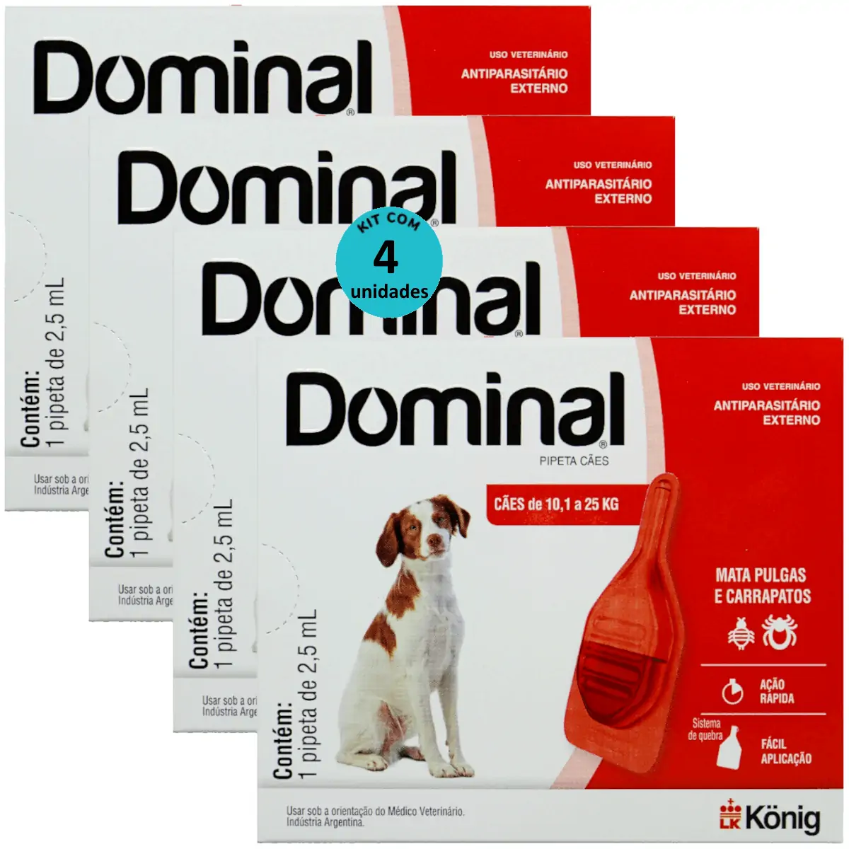 DOMINAL PIPETA PARA CÃES 10,1 A 25KG 2,5ML VERMELHO KIT COM 4