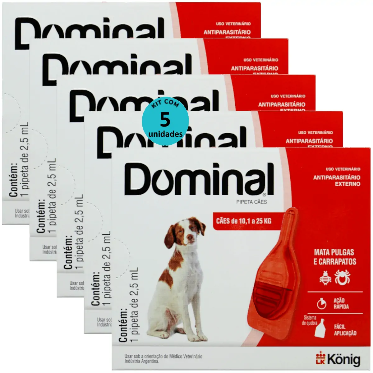 DOMINAL PIPETA PARA CÃES 10,1 A 25KG 2,5ML VERMELHO KIT COM 5