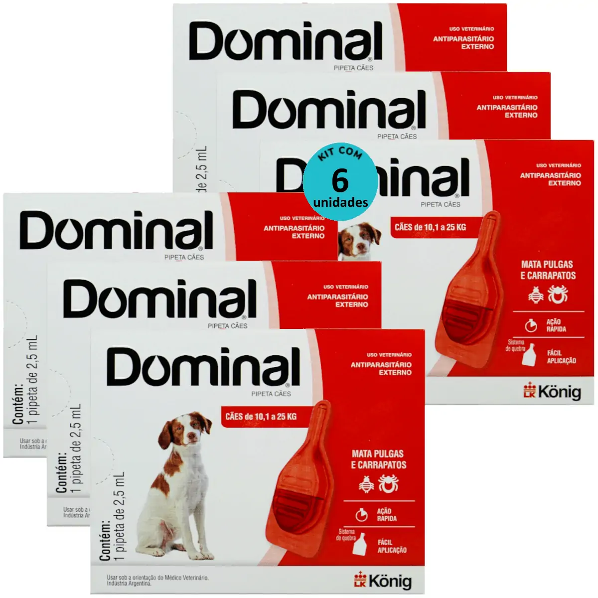 DOMINAL PIPETA PARA CÃES 10,1 A 25KG 2,5ML VERMELHO KIT COM 6