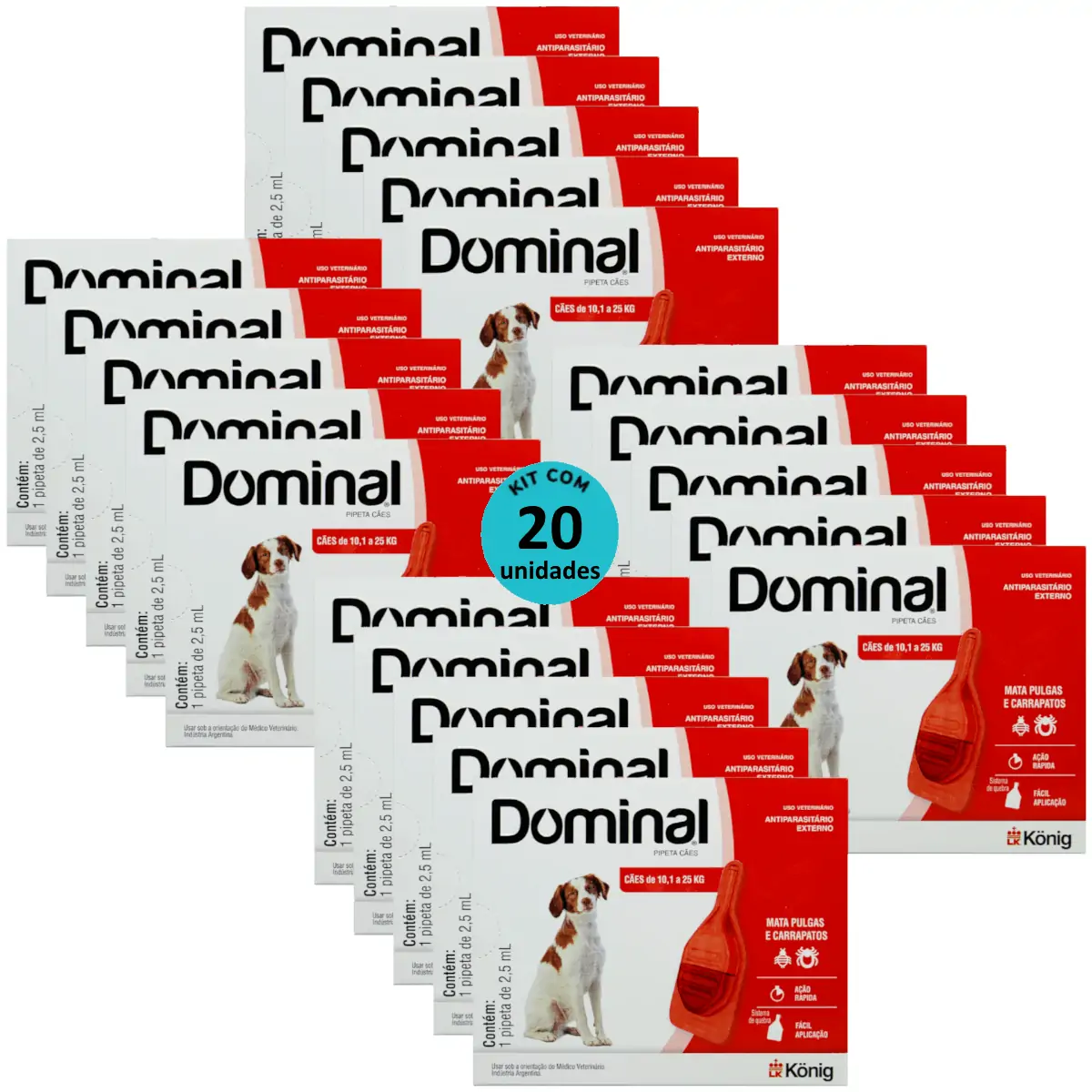 DOMINAL PIPETA PARA CÃES 10,1 A 25KG 2,5ML VERMELHO KIT COM 20