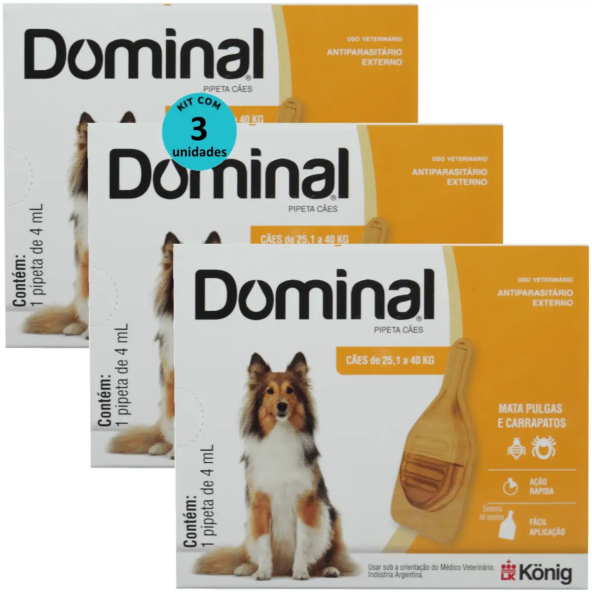 DOMINAL PIPETA PARA CÃES 25,1 A 40KG 4ML LARANJA KIT COM 3
