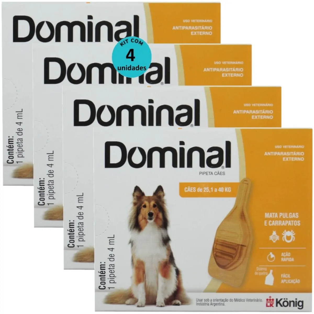 DOMINAL PIPETA PARA CÃES 25,1 A 40KG 4ML LARANJA KIT COM 4 PREVENÇÃO PULGAS E CARRAPATOS