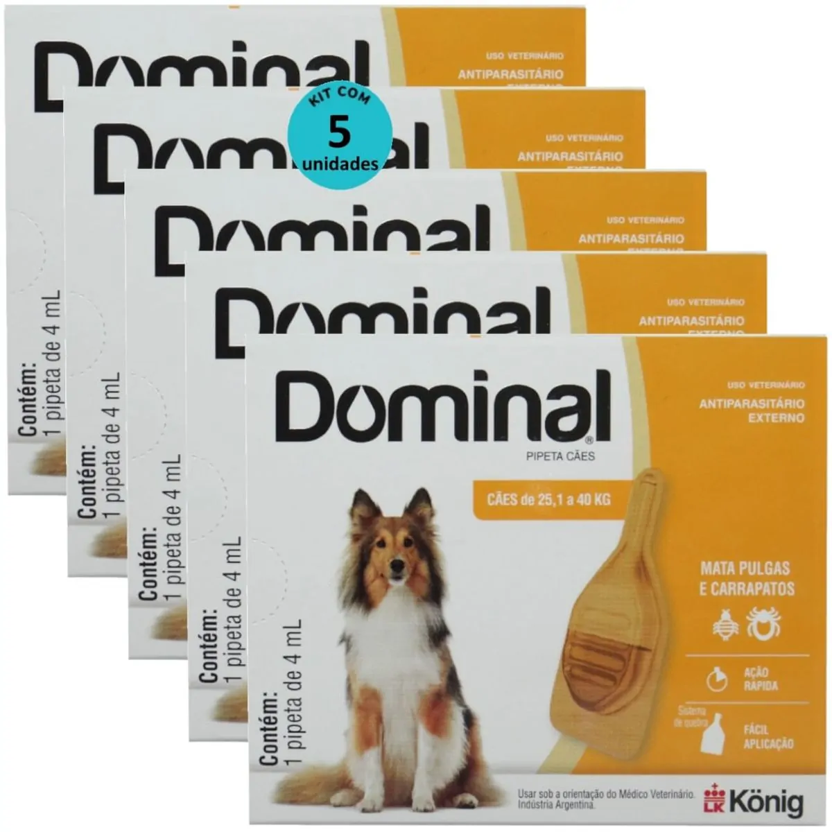 DOMINAL PIPETA PARA CÃES 25,1 A 40KG 4ML LARANJA KIT COM 5 PREVENÇÃO PULGAS E CARRAPATOS