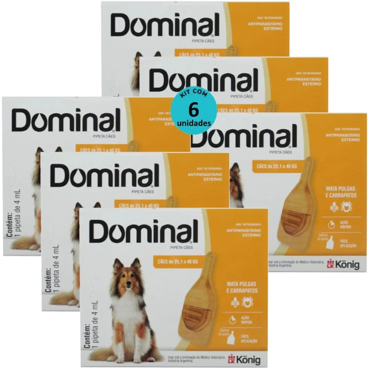 DOMINAL PIPETA PARA CÃES 25,1 A 40KG 4ML LARANJA KIT COM 6 PREVENÇÃO PULGAS E CARRAPATOS