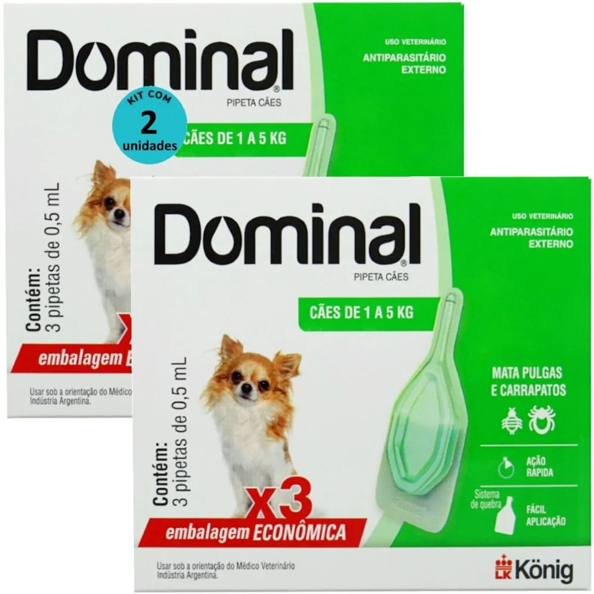 DOMINAL PIPETA PARA CÃES 1 A 5KG 0,5ML VERDE 3 UNID. KIT COM 2 CXS