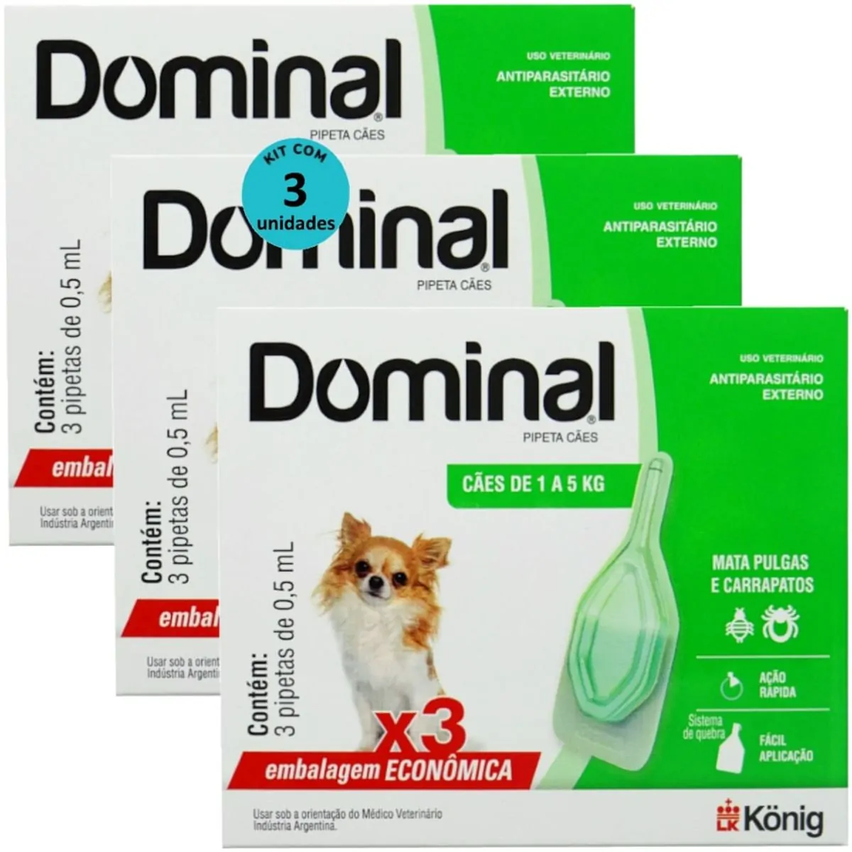 DOMINAL PIPETA PARA CÃES 1 A 5KG 0,5ML VERDE 3 UNID. KIT COM 3 CXS