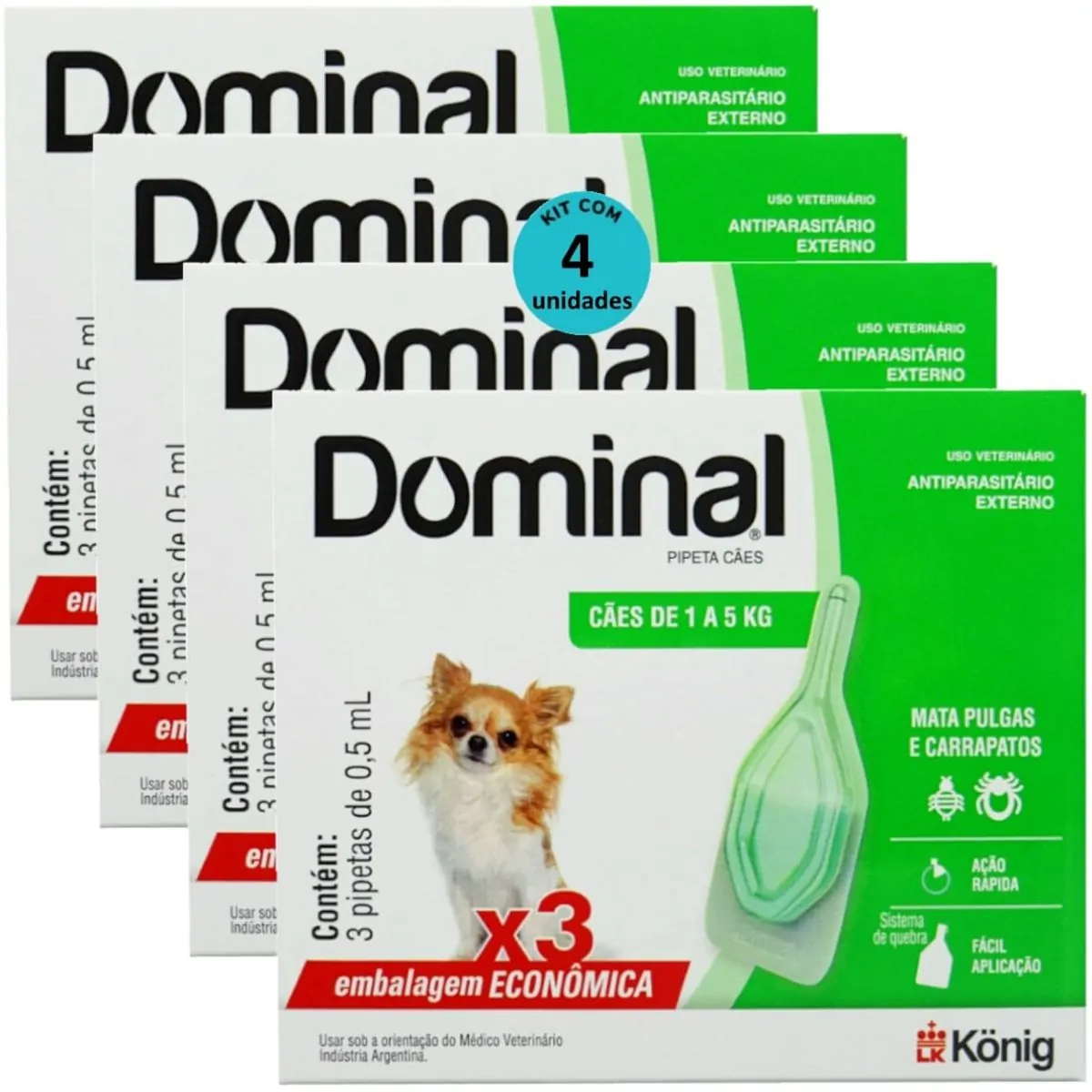 DOMINAL PIPETA PARA CÃES 1 A 5KG 0,5ML VERDE 3 UNID. KIT COM 4 CXS