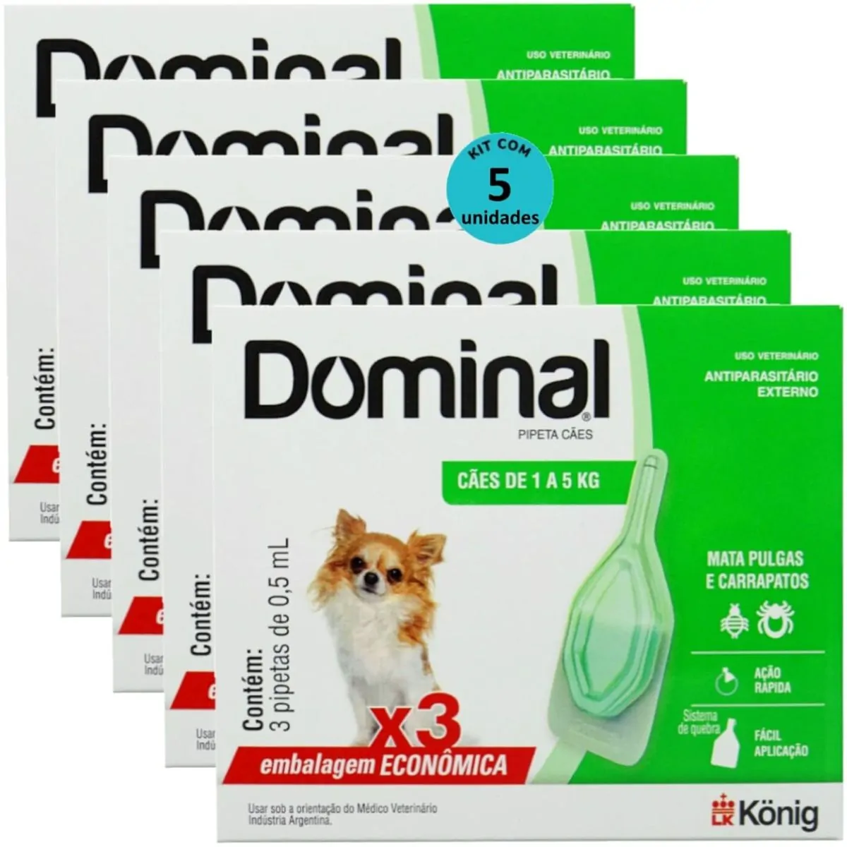 DOMINAL PIPETA PARA CÃES 1 A 5KG 0,5ML VERDE 3 UNID. KIT COM 5 CXS