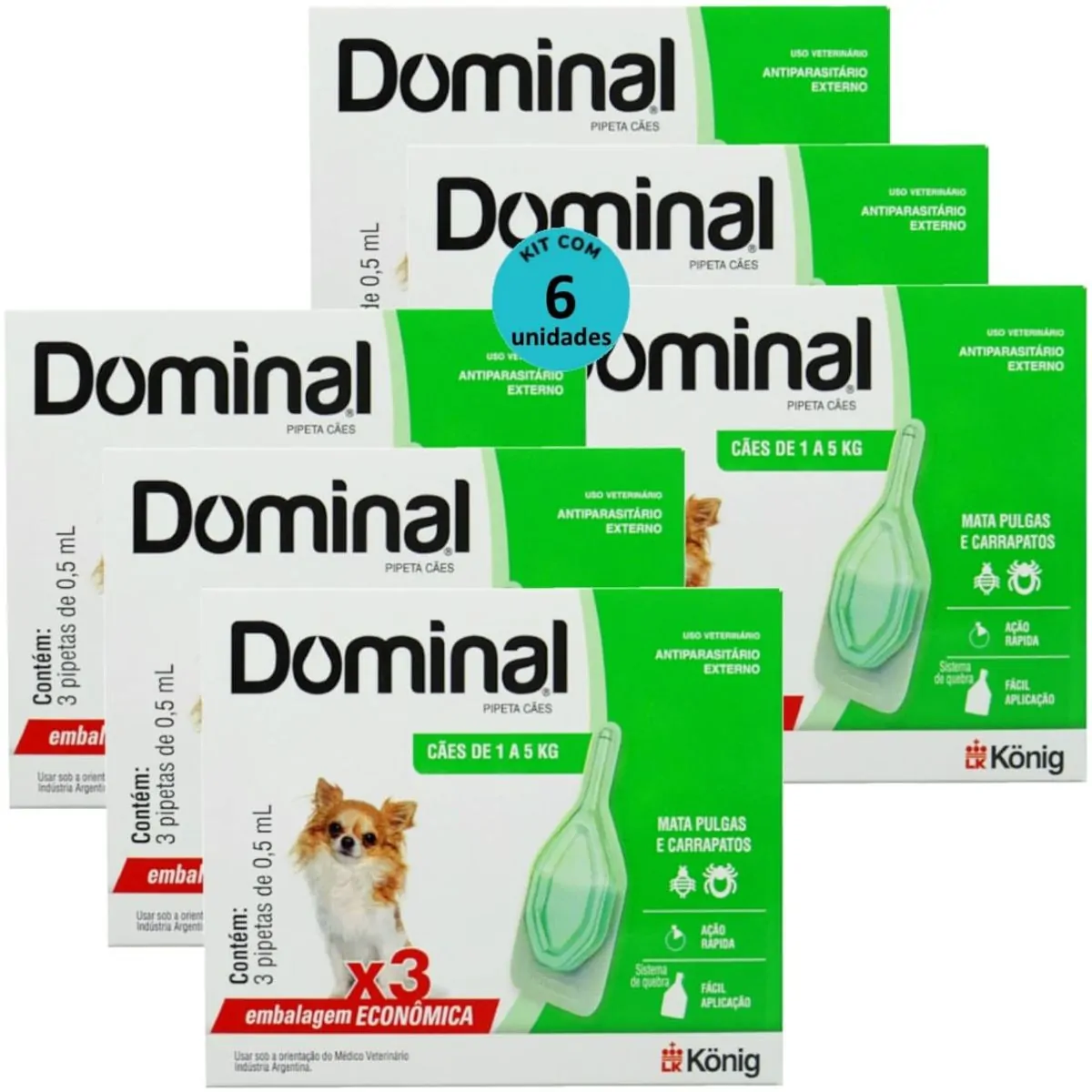 DOMINAL PIPETA PARA CÃES 1 A 5KG 0,5ML VERDE 3 UNID. KIT COM 6 CXS