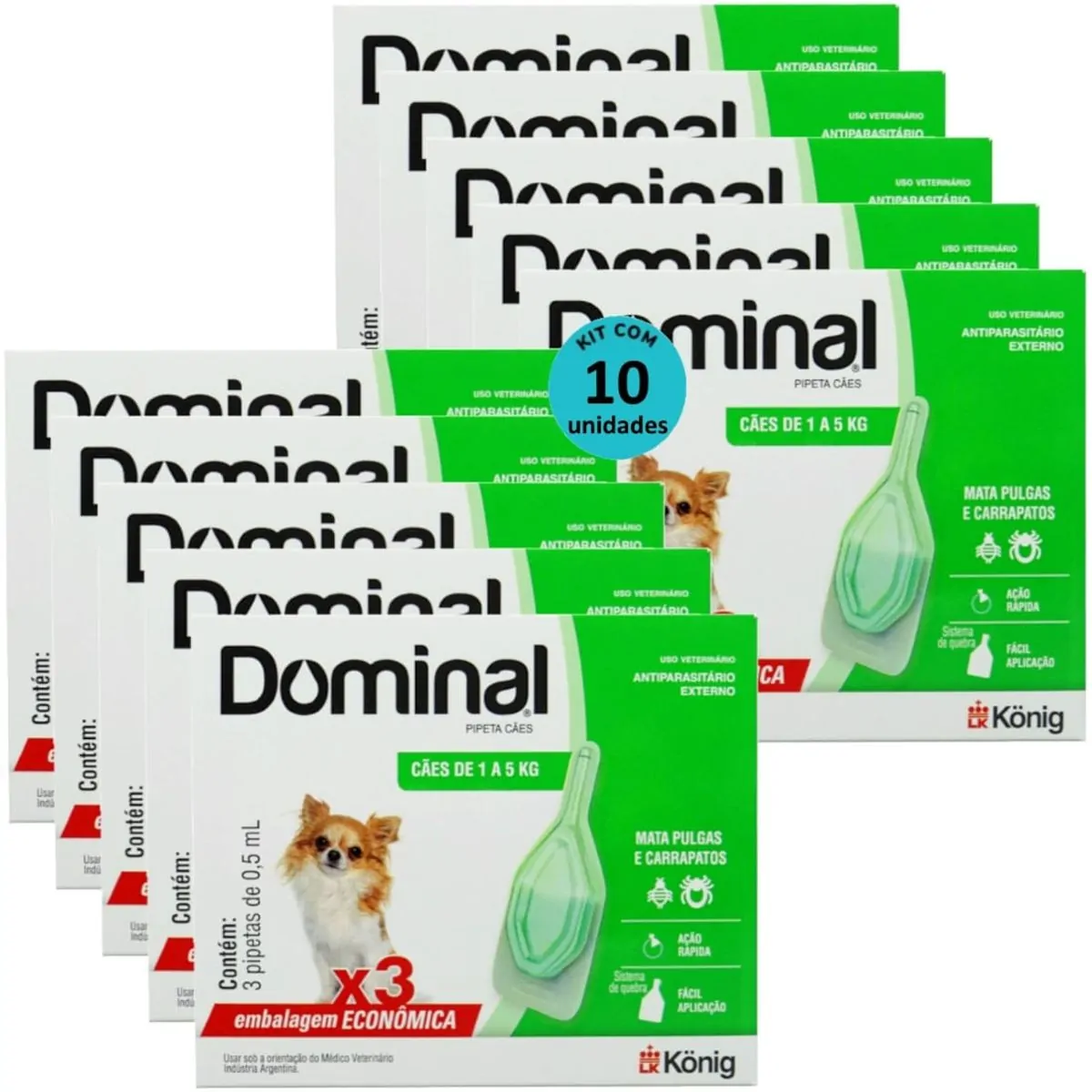 DOMINAL PIPETA PARA CÃES 1 A 5KG 0,5ML VERDE 3 UNID. KIT COM 10 CXS