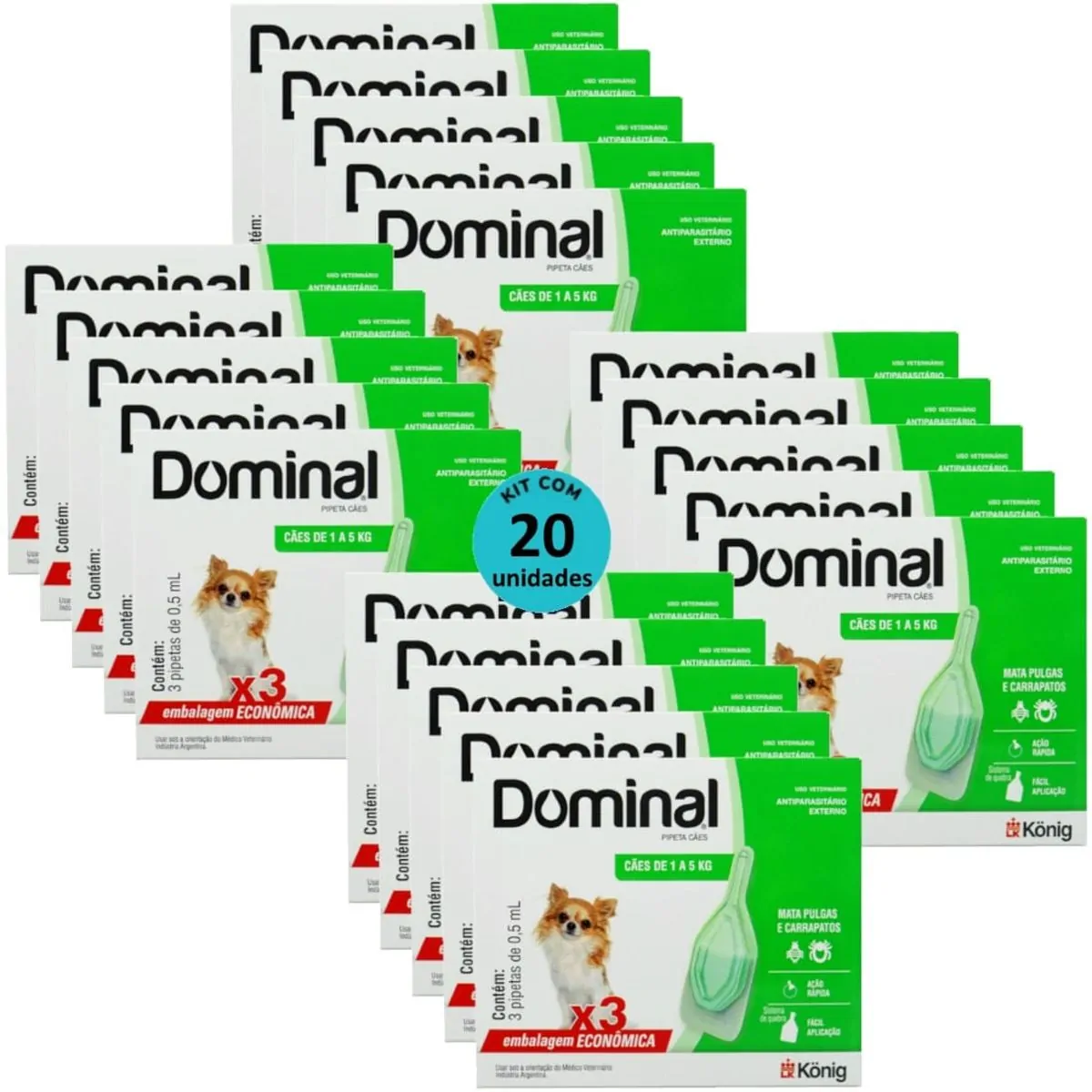 DOMINAL PIPETA PARA CÃES 1 A 5KG 0,5ML VERDE 3 UNID. KIT COM 20 CXS