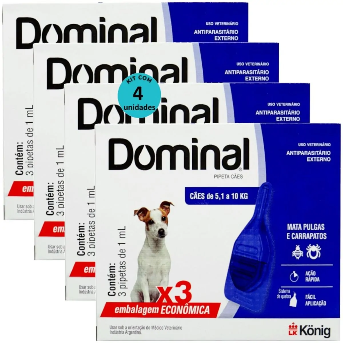 DOMINAL PIPETA PARA CÃES 5,1 A 10KG 1ML AZUL COM 3 UNID. KIT COM 4 CXS