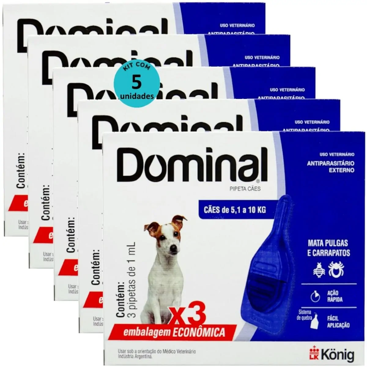 DOMINAL PIPETA PARA CÃES 5,1 A 10KG 1ML AZUL COM 3 UNID. KIT COM 5 CXS