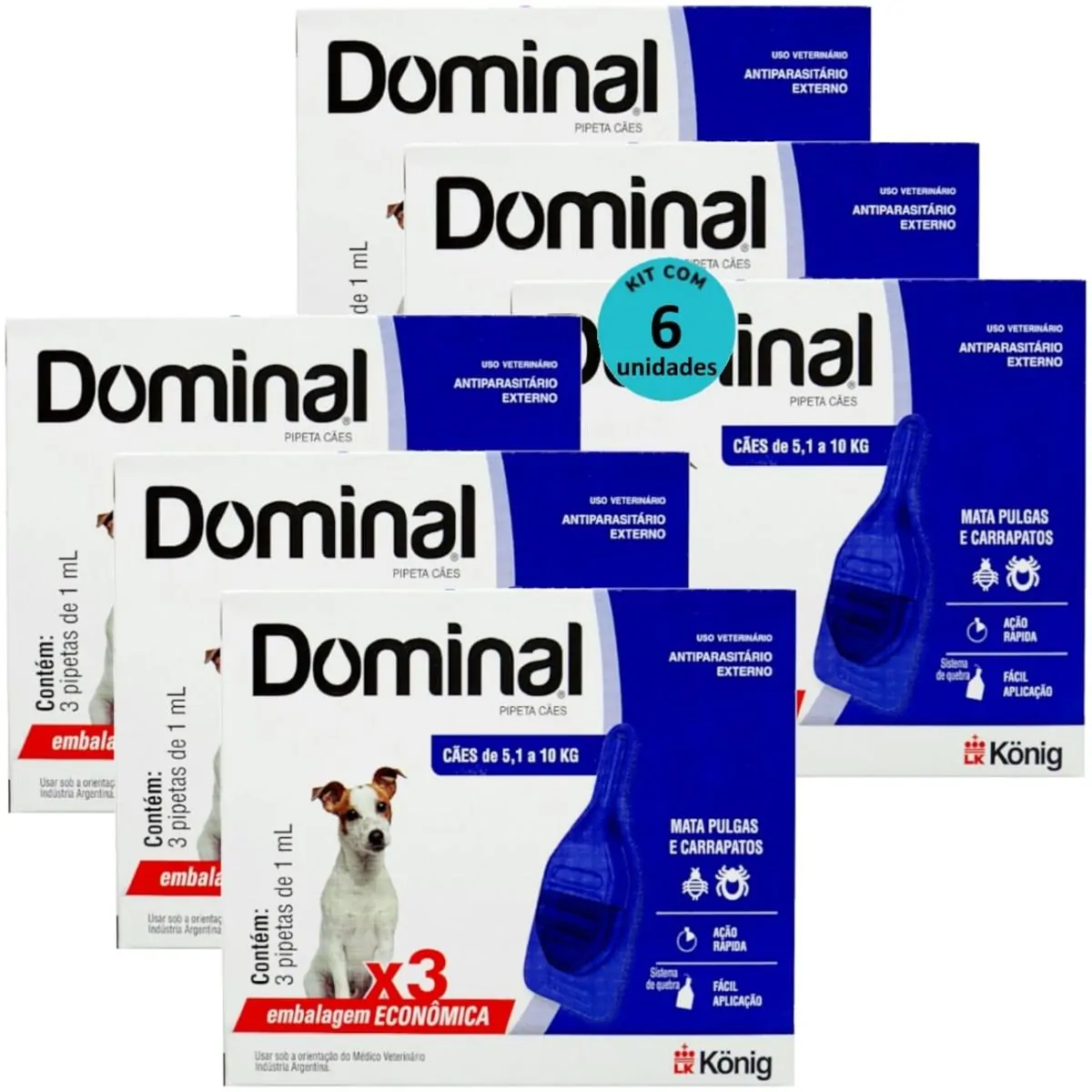 DOMINAL PIPETA PARA CÃES 5,1 A 10KG 1ML AZUL COM 3 UNID. KIT COM 6 CXS