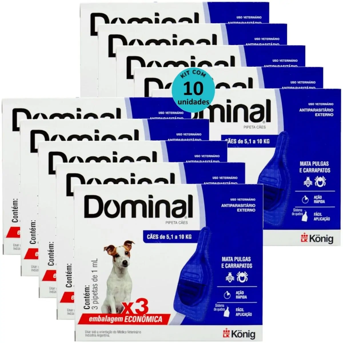 DOMINAL PIPETA PARA CÃES 5,1 A 10KG 1ML AZUL COM 3 UNID. KIT COM 10 CXS
