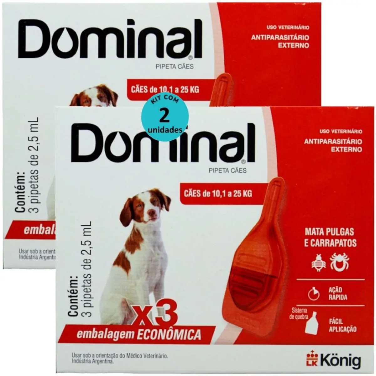 DOMINAL PIPETA PARA CÃES 10,1 A 25KG 2,5ML VERMELHO 3 UNID. KIT COM 2 CXS PREVENÇÃO DE PULGAS E CARR