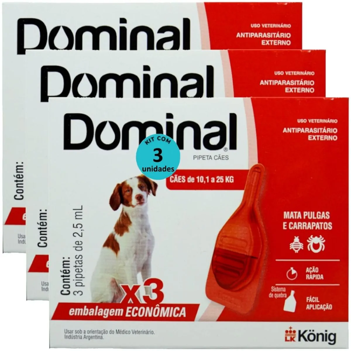 DOMINAL PIPETA PARA CÃES 10,1 A 25KG 2,5ML VERMELHO 3 UNID. KIT COM 3 CXS PREVENÇÃO DE PULGAS E CARR