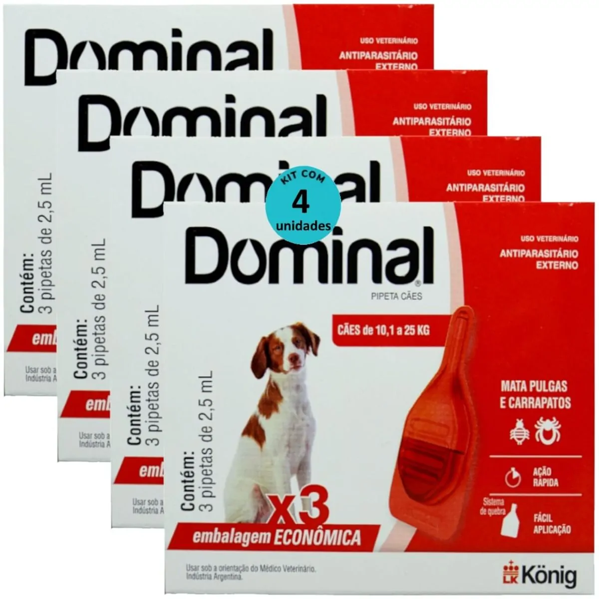 DOMINAL PIPETA PARA CÃES 10,1 A 25KG 2,5ML VERMELHO 3 UNID. KIT COM 4 CXS PREVENÇÃO DE PULGAS E CARR