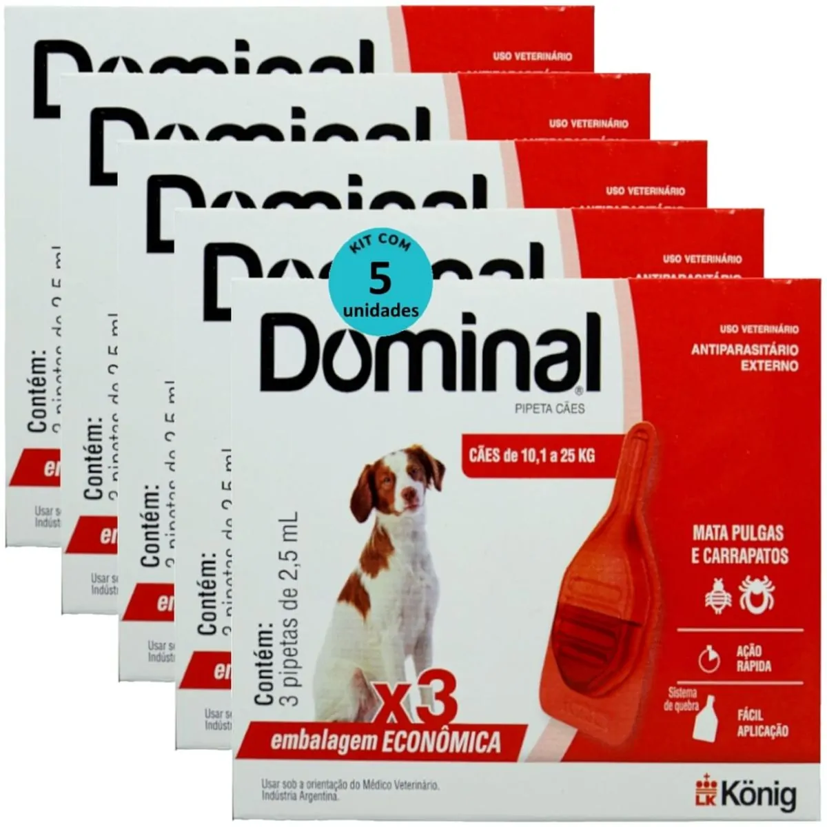DOMINAL PIPETA PARA CÃES 10,1 A 25KG 2,5ML VERMELHO 3 UNID. KIT COM 5 CXS PREVENÇÃO DE PULGAS E CARR