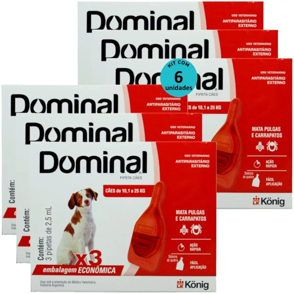 DOMINAL PIPETA PARA CÃES 10,1 A 25KG 2,5ML VERMELHO 3 UNID. KIT COM 6 CXS PREVENÇÃO DE PULGAS E CARR