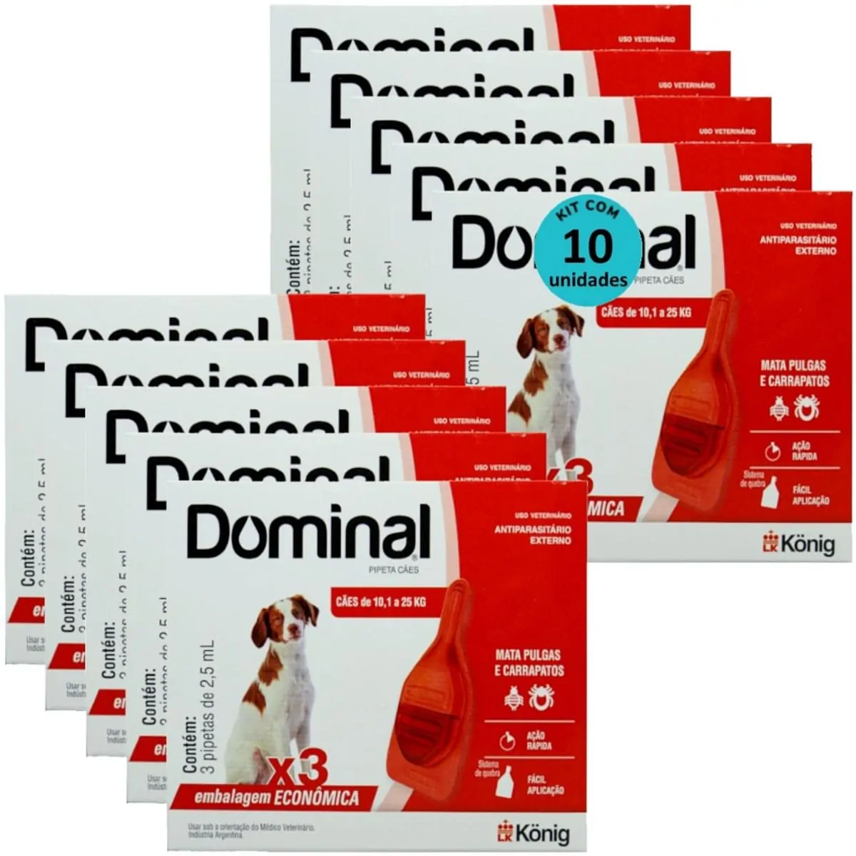 DOMINAL PIPETA PARA CÃES 10,1 A 25KG 2,5ML VERMELHO 3 UNID. KIT COM 10 CXS PREVENÇÃO DE PULGAS E CAR