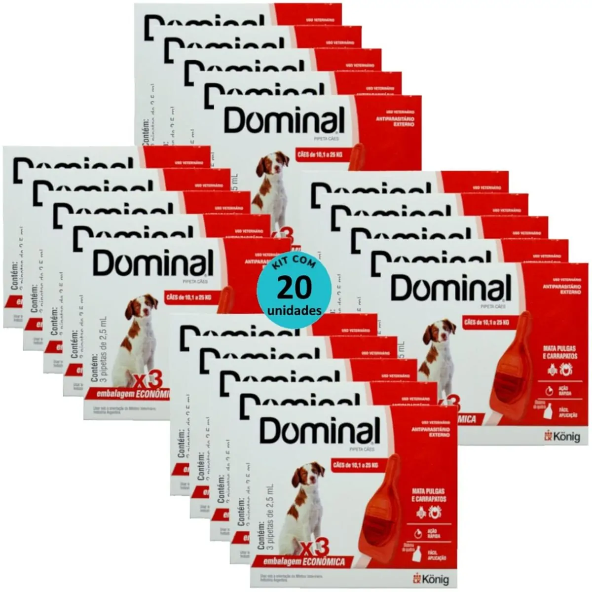 DOMINAL PIPETA PARA CÃES 10,1 A 25KG 2,5ML VERMELHO 3 UNID. KIT COM 20 CXS PREVENÇÃO DE PULGAS E CAR