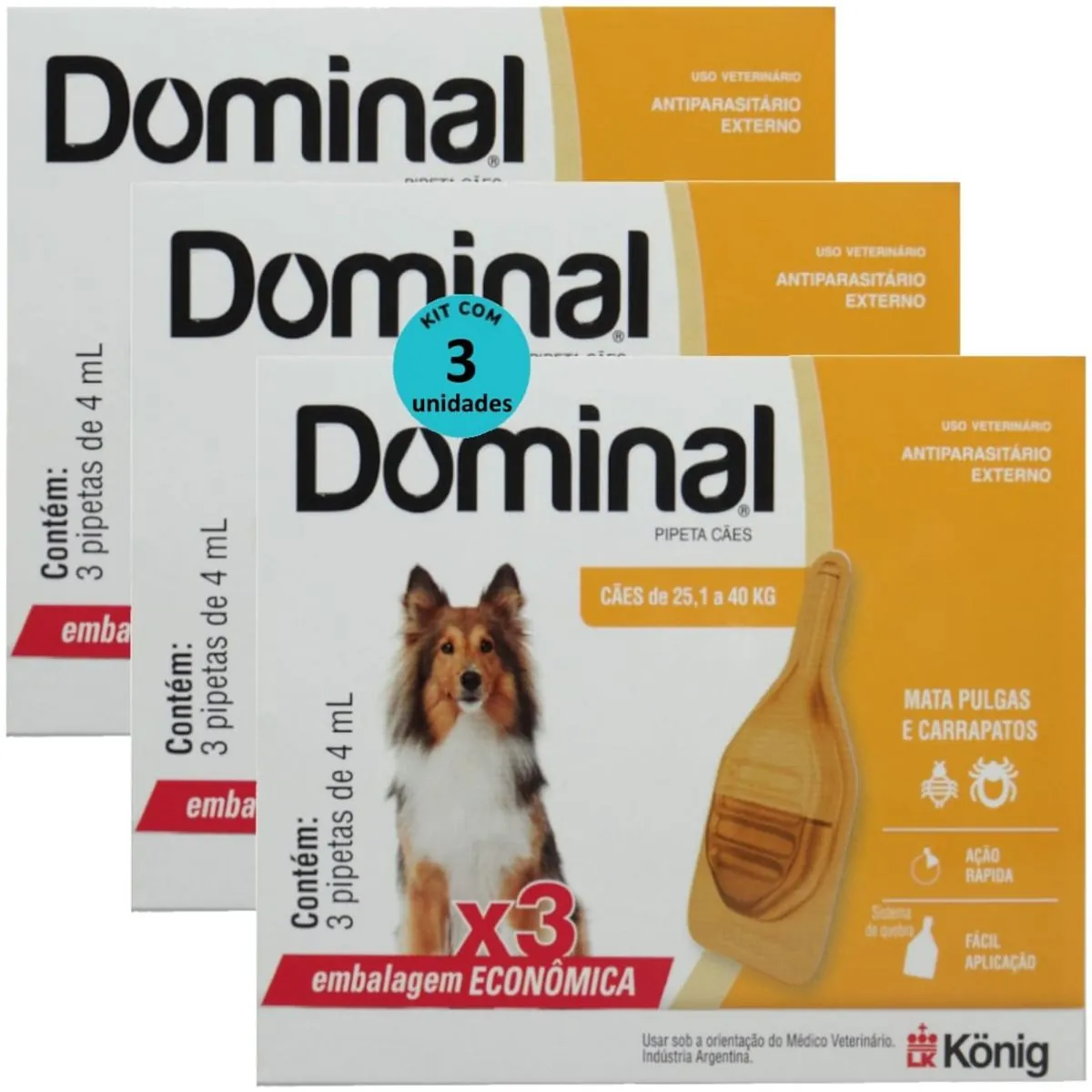 DOMINAL PIPETA PARA CÃES 25,1 A 40KG 4ML LARANJA COM 3 UNID. KIT COM 3 CXS - DOMINAL PIPETA PARA CÃE