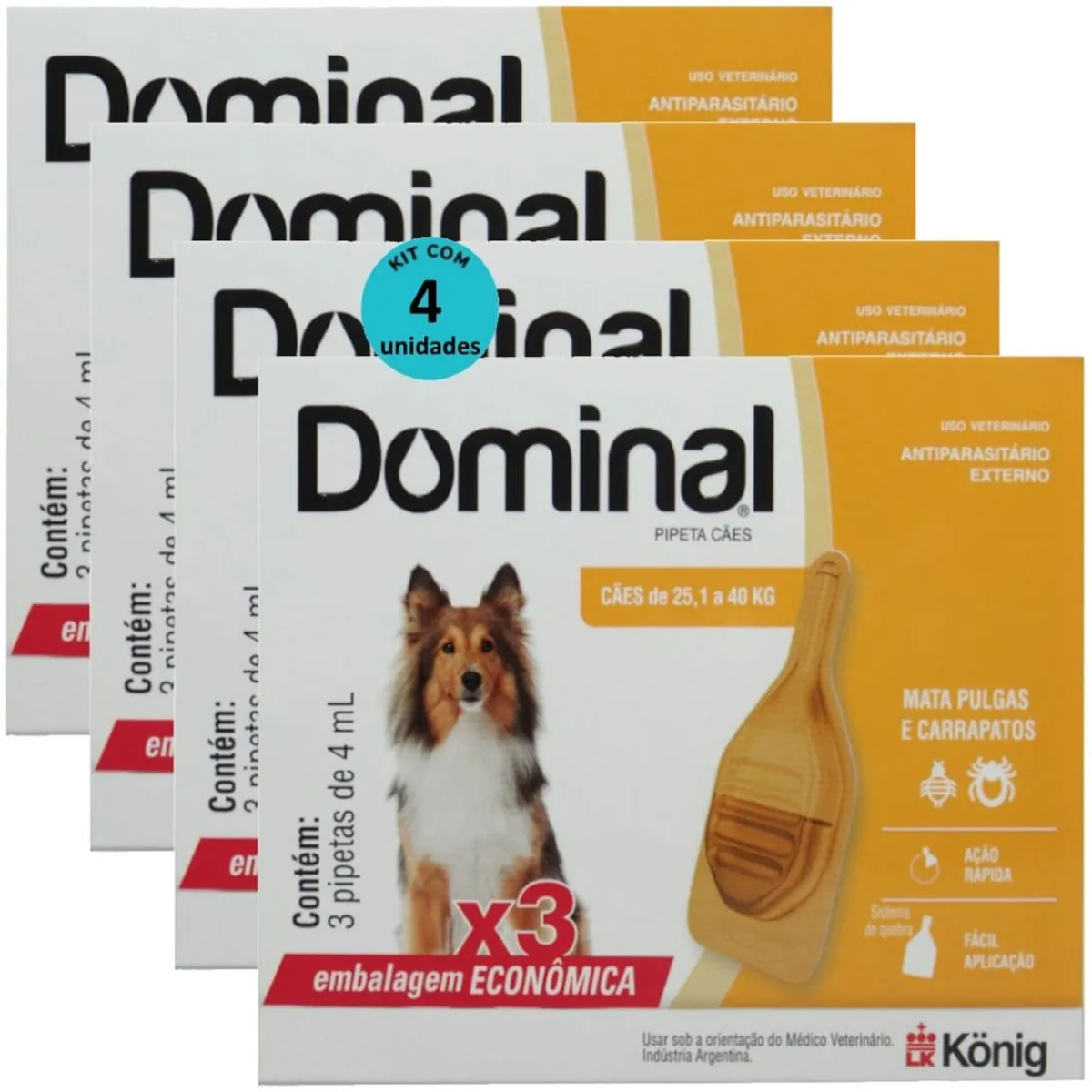 DOMINAL PIPETA PARA CÃES 25,1 A 40KG 4ML LARANJA COM 3 UNID. KIT COM 4 CXS - DOMINAL PIPETA PARA CÃE