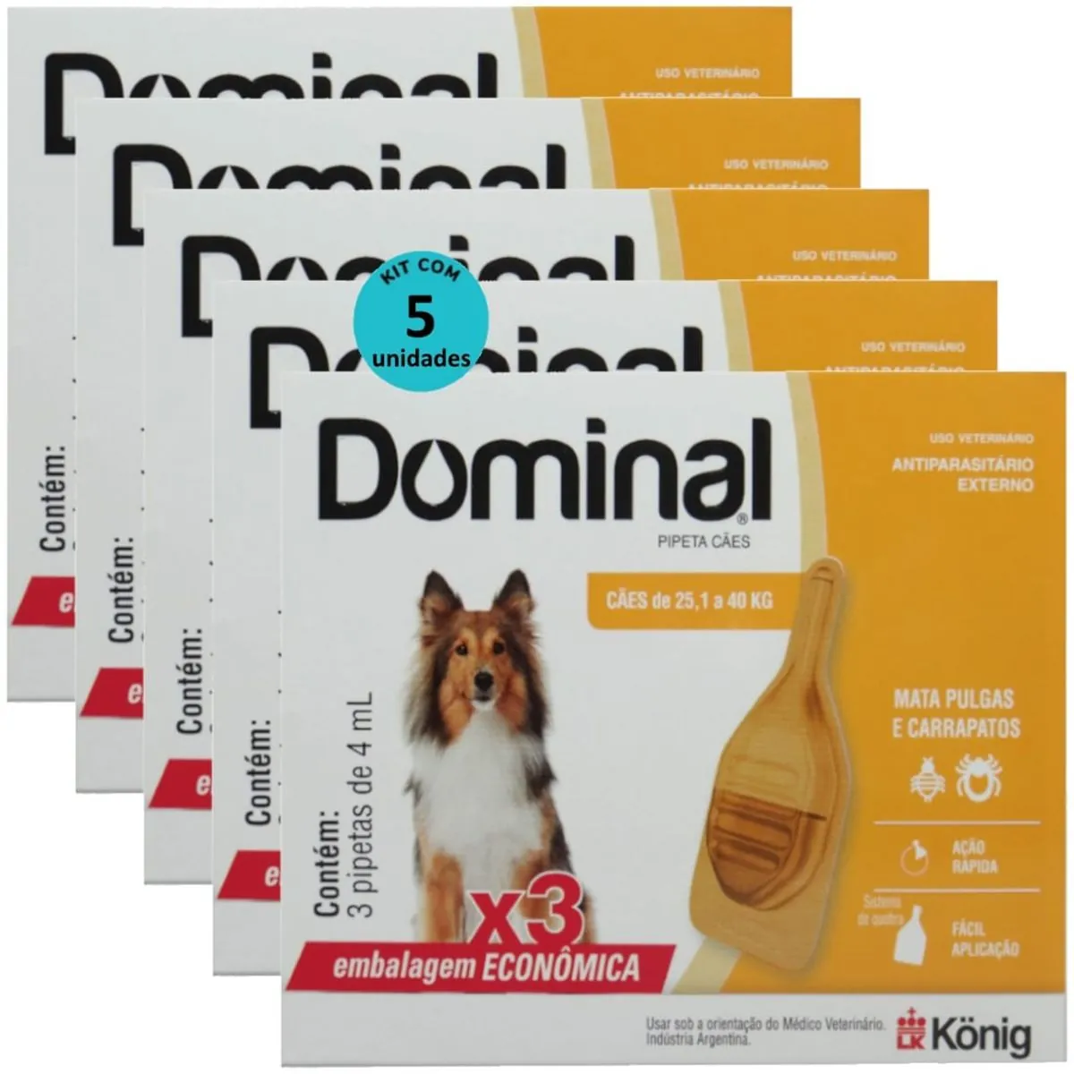 DOMINAL PIPETA PARA CÃES 25,1 A 40KG 4ML LARANJA COM 3 UNID. KIT COM 5 CXS - DOMINAL PIPETA PARA CÃE