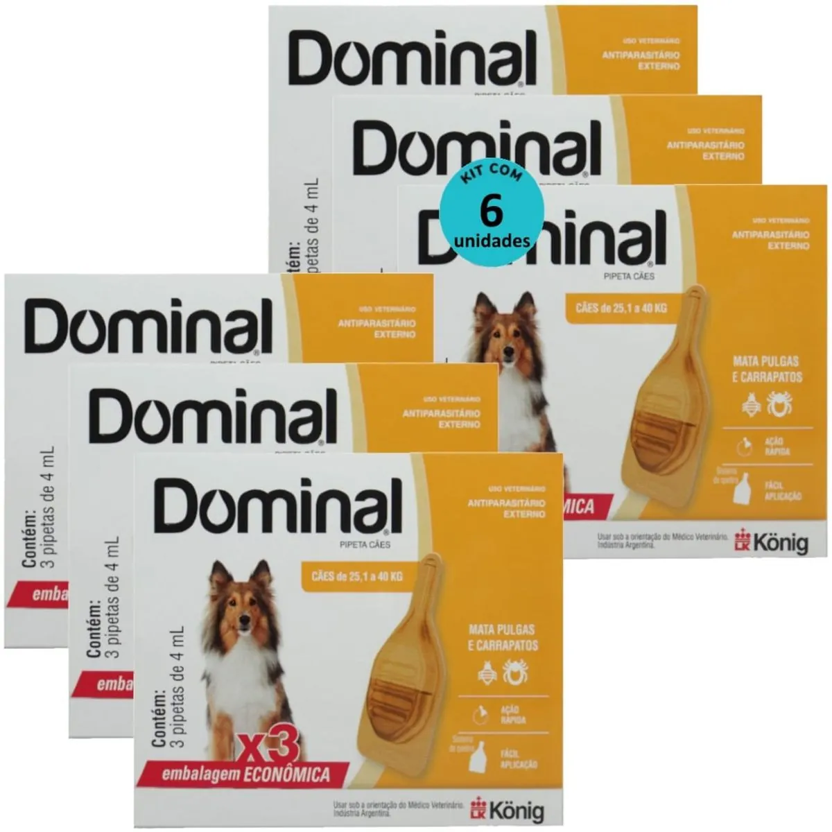 DOMINAL PIPETA PARA CÃES 25,1 A 40KG 4ML LARANJA COM 3 UNID. KIT COM 6 CXS - DOMINAL PIPETA PARA CÃE