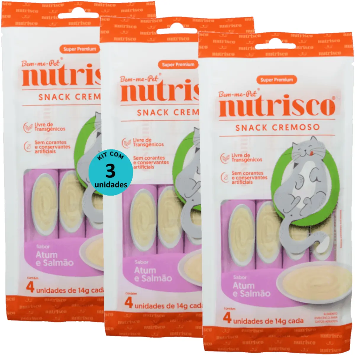SNACK CREMOSO NUTRISCO GATOS ADULTOS 14G ATUM E SALMÃO COM 4 UN - KIT COM 3