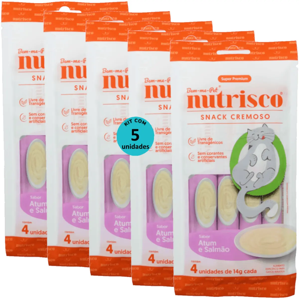 SNACK CREMOSO NUTRISCO GATOS ADULTOS 14G ATUM E SALMÃO COM 4 UN - KIT COM 5