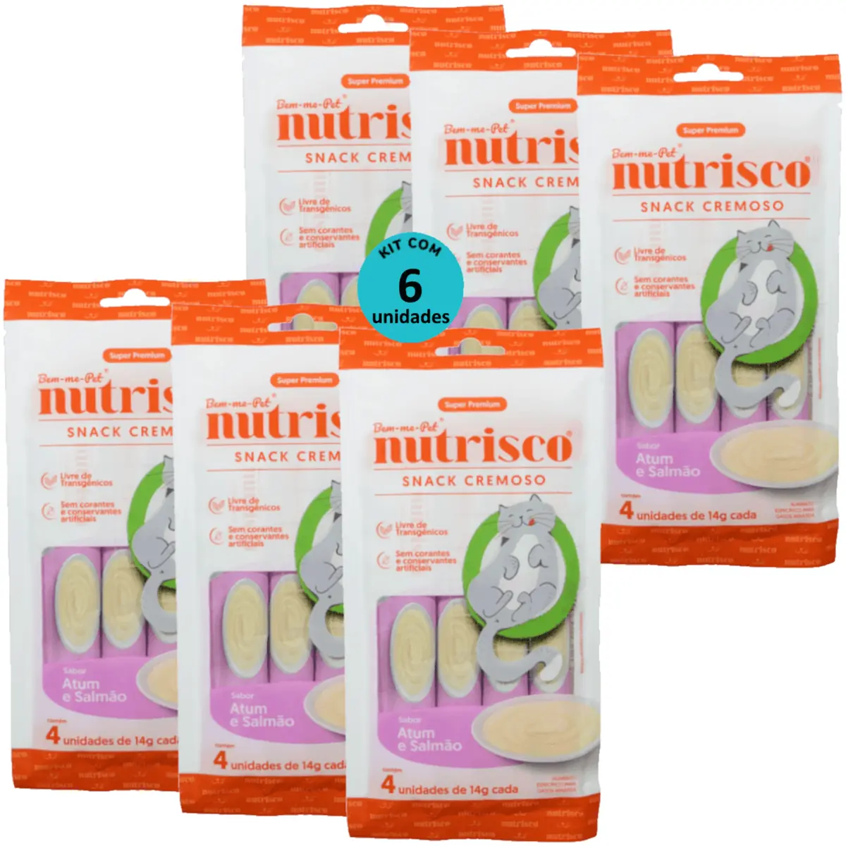 SNACK CREMOSO NUTRISCO GATOS ADULTOS 14G ATUM E SALMÃO COM 4 UN - KIT COM 6