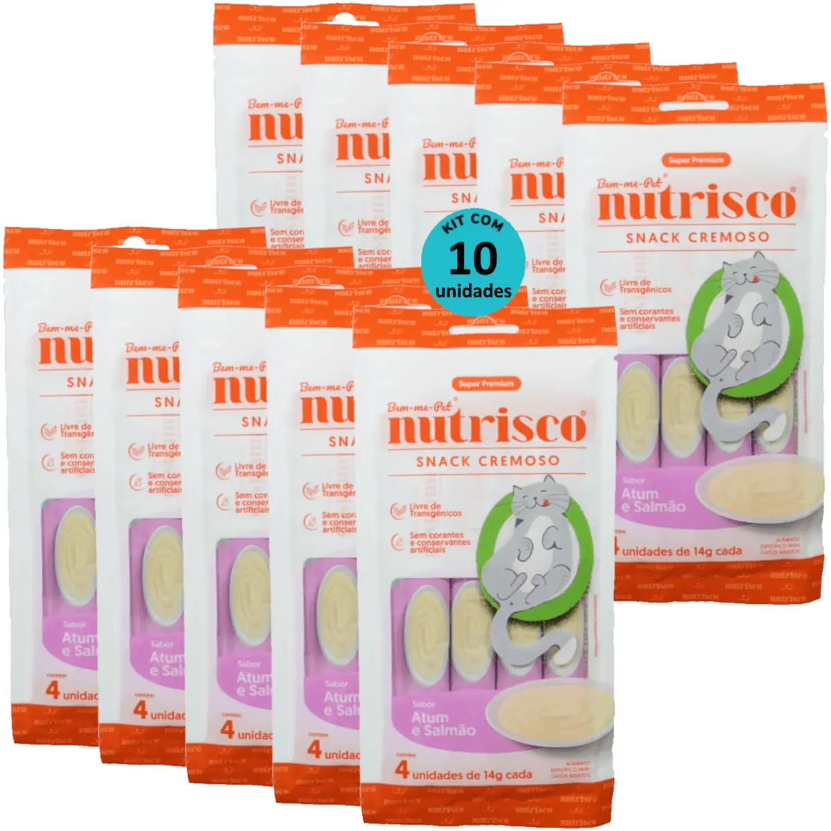 SNACK CREMOSO NUTRISCO GATOS ADULTOS 14G ATUM E SALMÃO COM 4 UN - KIT COM 10