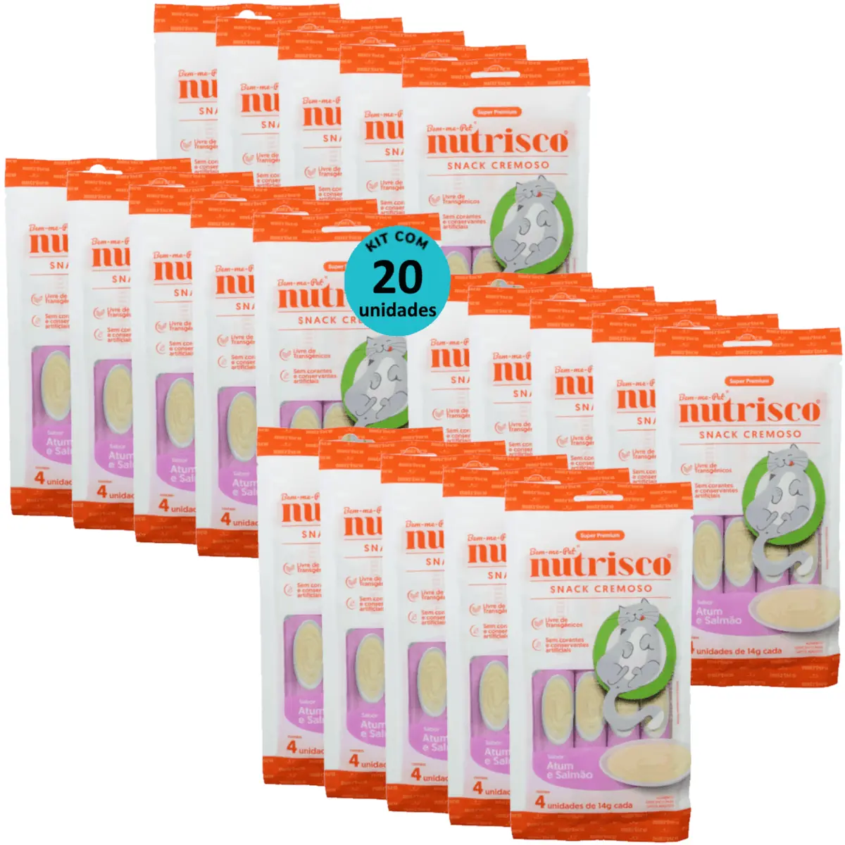 SNACK CREMOSO NUTRISCO GATOS ADULTOS 14G ATUM E SALMÃO COM 4 UN - KIT COM 20