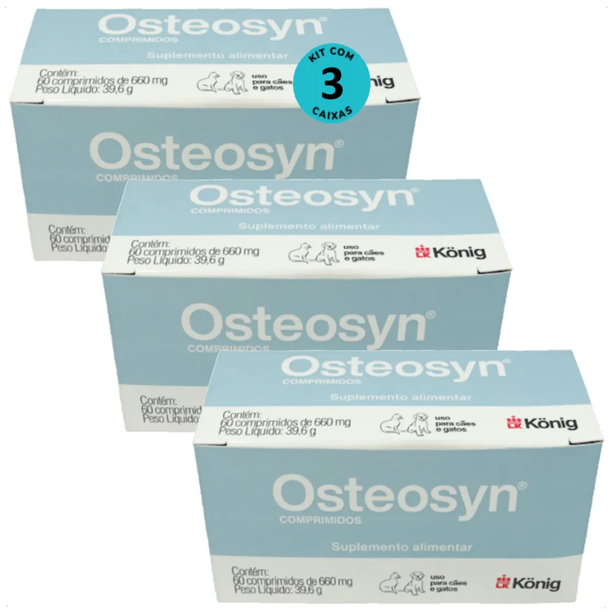 OSTEOSYN 660MG VITAMINAS CÃES E GATOS 60 COMPRIMIDOS KONIG KIT COM 3
