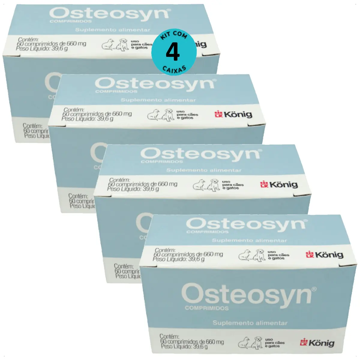 OSTEOSYN 660MG VITAMINAS CÃES E GATOS 60 COMPRIMIDOS KONIG KIT COM 4