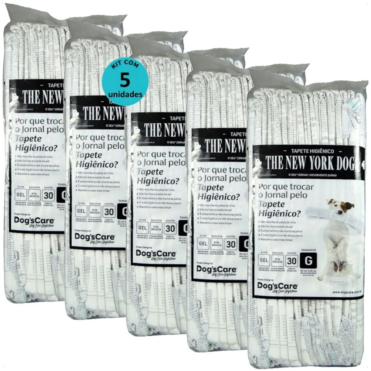 TAPETE HIGIÊNICO THE NEW YORK DOGS TAMANHO G 30 UN 82X60 CM KIT COM 5