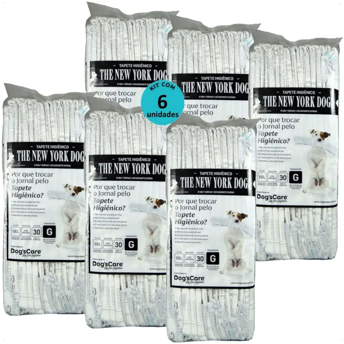 TAPETE HIGIÊNICO THE NEW YORK DOGS TAMANHO G 30 UN 82X60 CM KIT COM 6