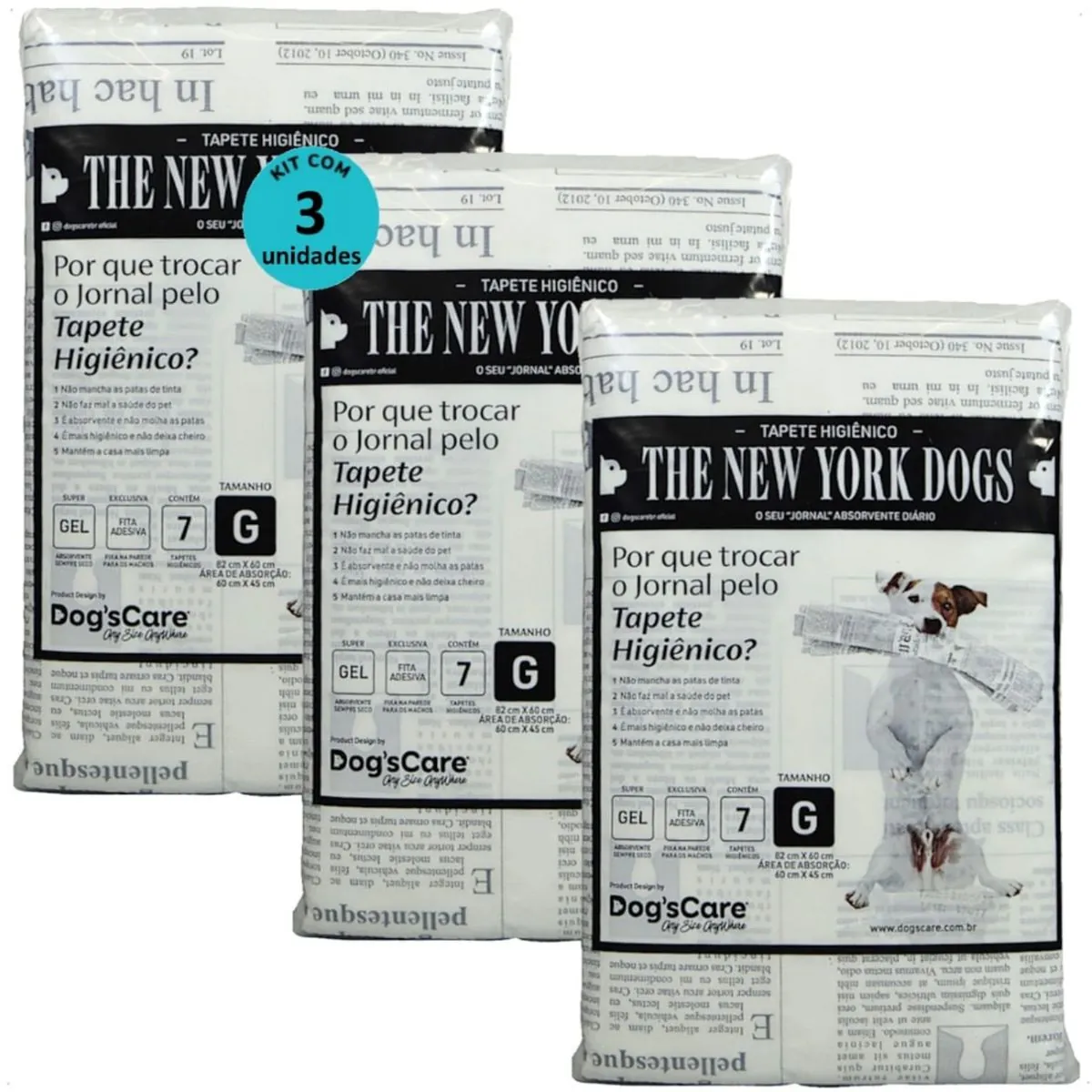 TAPETE HIGIÊNICO THE NEW YORK DOGS TAMANHO G 7 UN 82X60 CM KIT COM 3