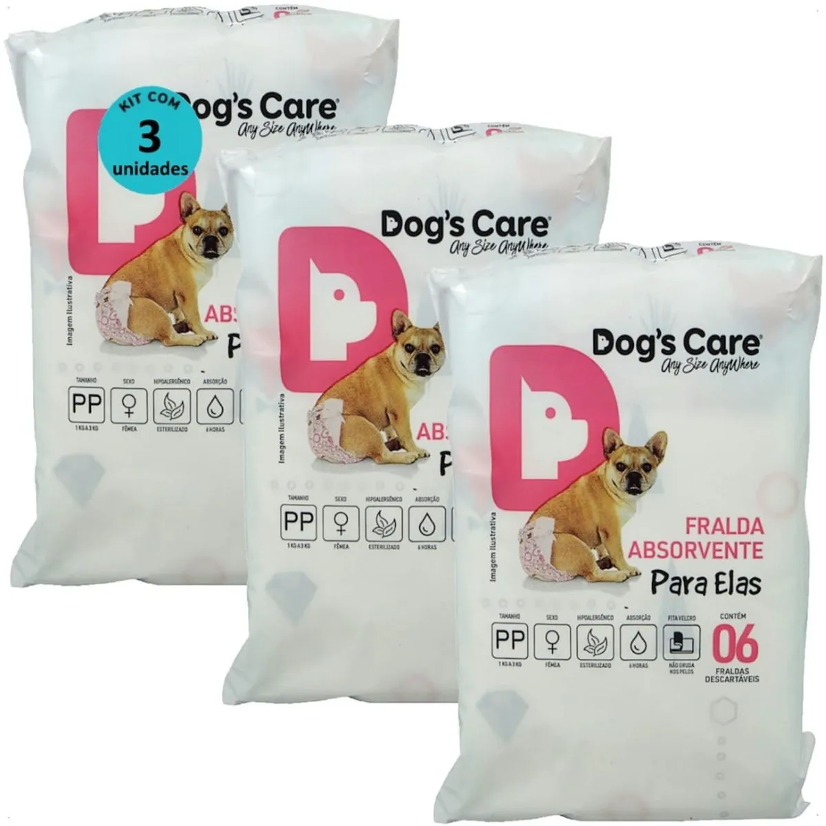 FRALDA HIGIÊNICA DESCARTÁVEL DOGS CARE PP 6 UN PARA CÃES FÊMEAS KIT COM 3
