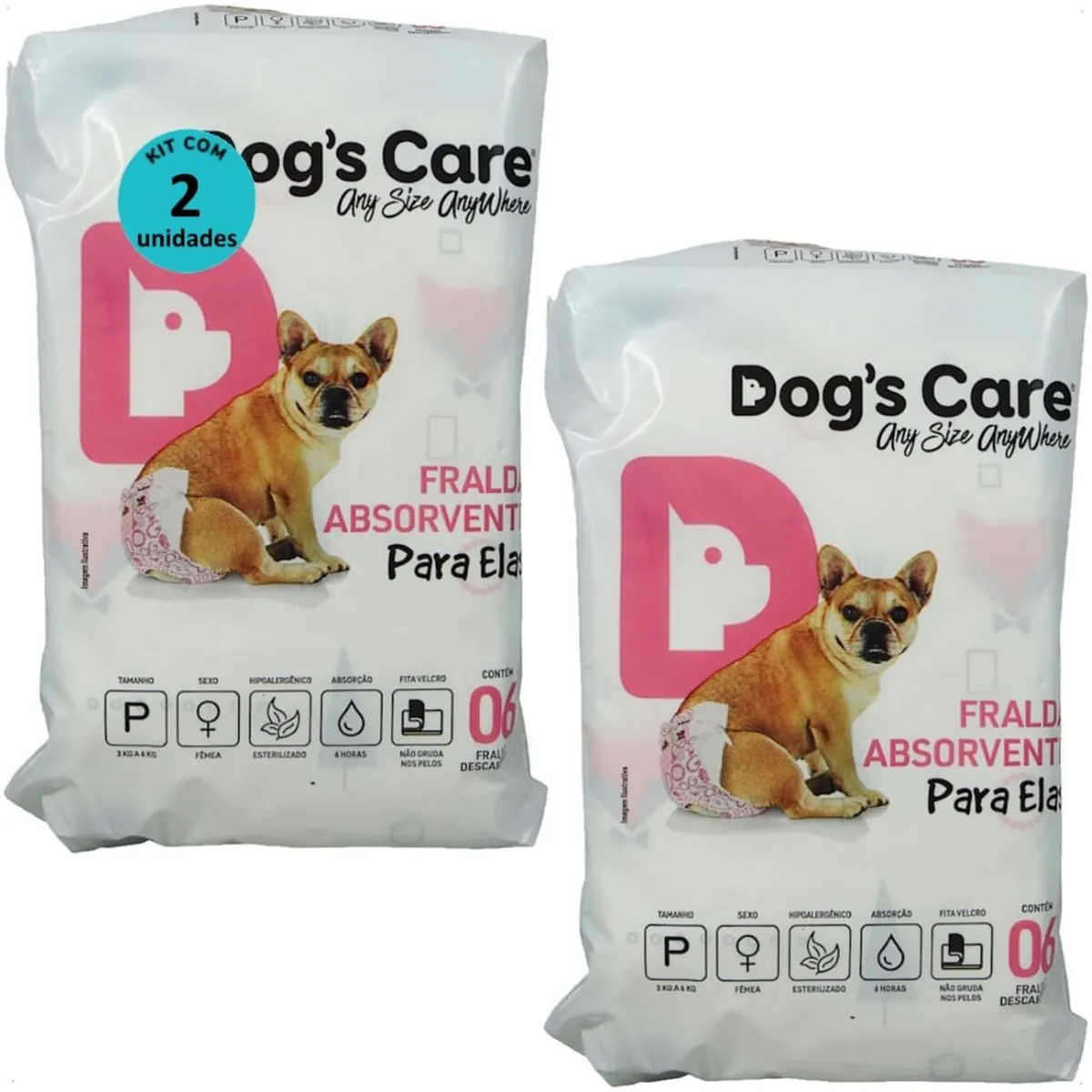 FRALDA HIGIÊNICA DESCARTÁVEL DOGS CARE P 6 UN PARA CÃES FÊMEAS KIT COM 2