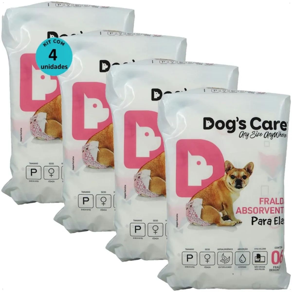 FRALDA HIGIÊNICA DESCARTÁVEL DOGS CARE P 6 UN PARA CÃES FÊMEAS KIT COM 4