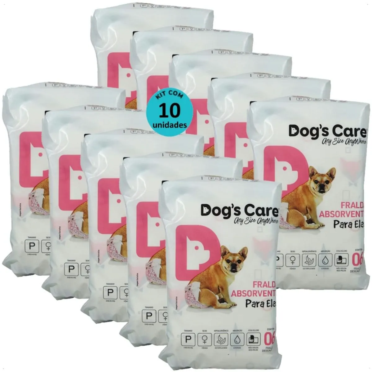 FRALDA HIGIÊNICA DESCARTÁVEL DOGS CARE P 6 UN PARA CÃES FÊMEAS KIT COM 10